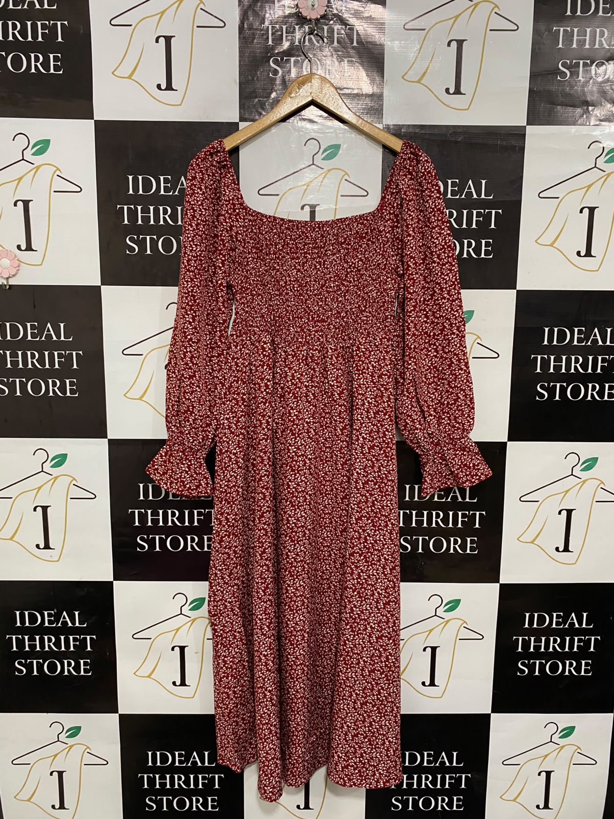 SHEIN |L| BUST 13| A26| RED & WHITE FLORAL PRINT SMOCKED SQUARE-NECK LONG-SLEEVE MIDI DRESS