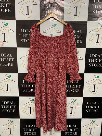 SHEIN |L| BUST 13| A26| RED & WHITE FLORAL PRINT SMOCKED SQUARE-NECK LONG-SLEEVE MIDI DRESS