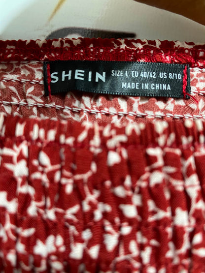 SHEIN |L| BUST 13| A26| RED & WHITE FLORAL PRINT SMOCKED SQUARE-NECK LONG-SLEEVE MIDI DRESS