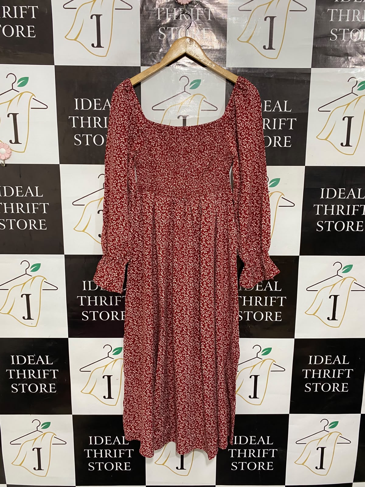 SHEIN |L| BUST 13| A26| RED & WHITE FLORAL PRINT SMOCKED SQUARE-NECK LONG-SLEEVE MIDI DRESS