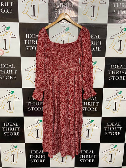 SHEIN |L| BUST 13| A26| RED & WHITE FLORAL PRINT SMOCKED SQUARE-NECK LONG-SLEEVE MIDI DRESS