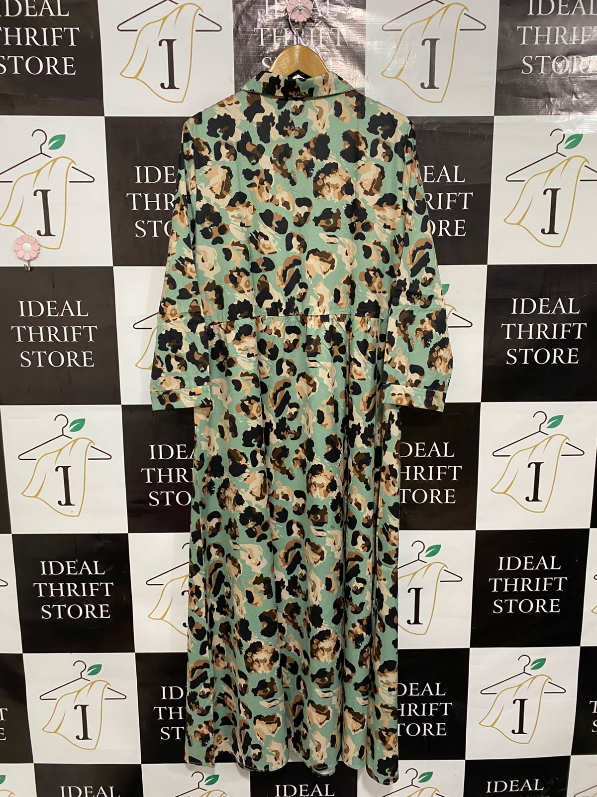 SHEIN |XL| BUST 22| A26| MINT GREEN & BROWN ANIMAL PRINT SHIRT MIDI DRESS