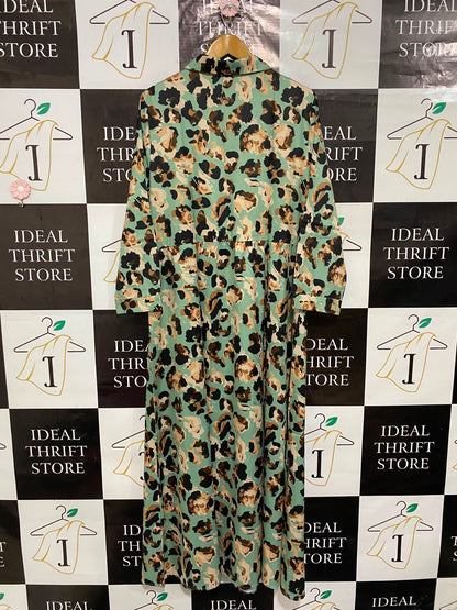 SHEIN |XL| BUST 22| A26| MINT GREEN & BROWN ANIMAL PRINT SHIRT MIDI DRESS