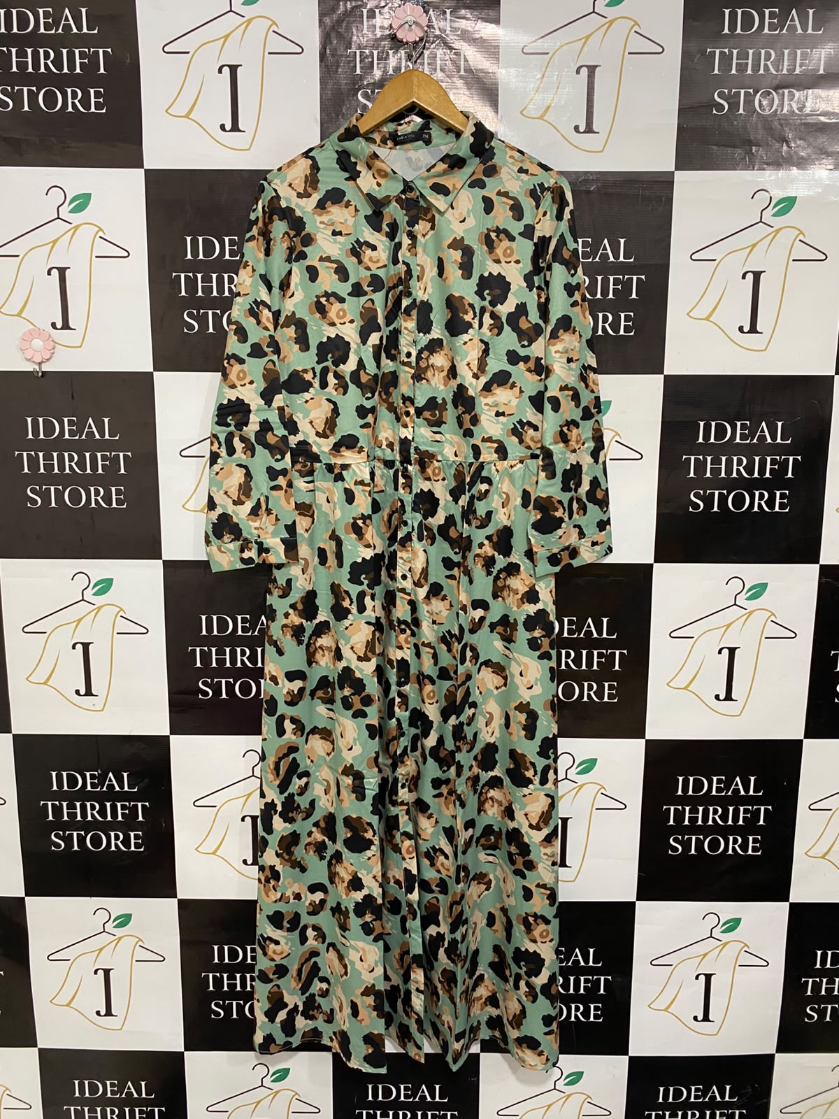 SHEIN |XL| BUST 22| A26| MINT GREEN & BROWN ANIMAL PRINT SHIRT MIDI DRESS