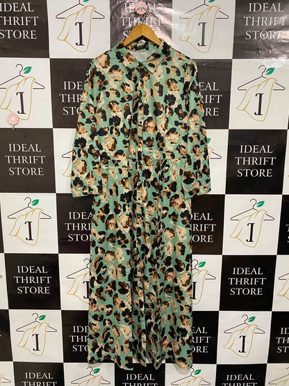 SHEIN |XL| BUST 22| A26| MINT GREEN & BROWN ANIMAL PRINT SHIRT MIDI DRESS