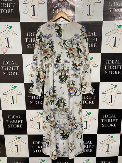 SHEIN |L| BUST 18| A26| WHITE & MULTICOLOR FLORAL PRINT LONG-SLEEVE MIDI DRESS