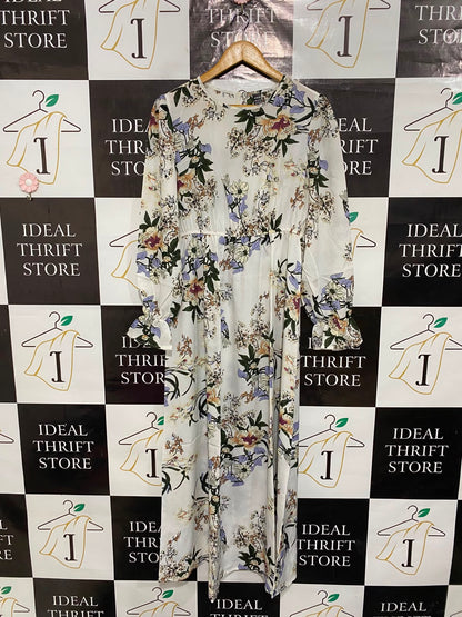 SHEIN |L| BUST 18| A26| WHITE & MULTICOLOR FLORAL PRINT LONG-SLEEVE MIDI DRESS