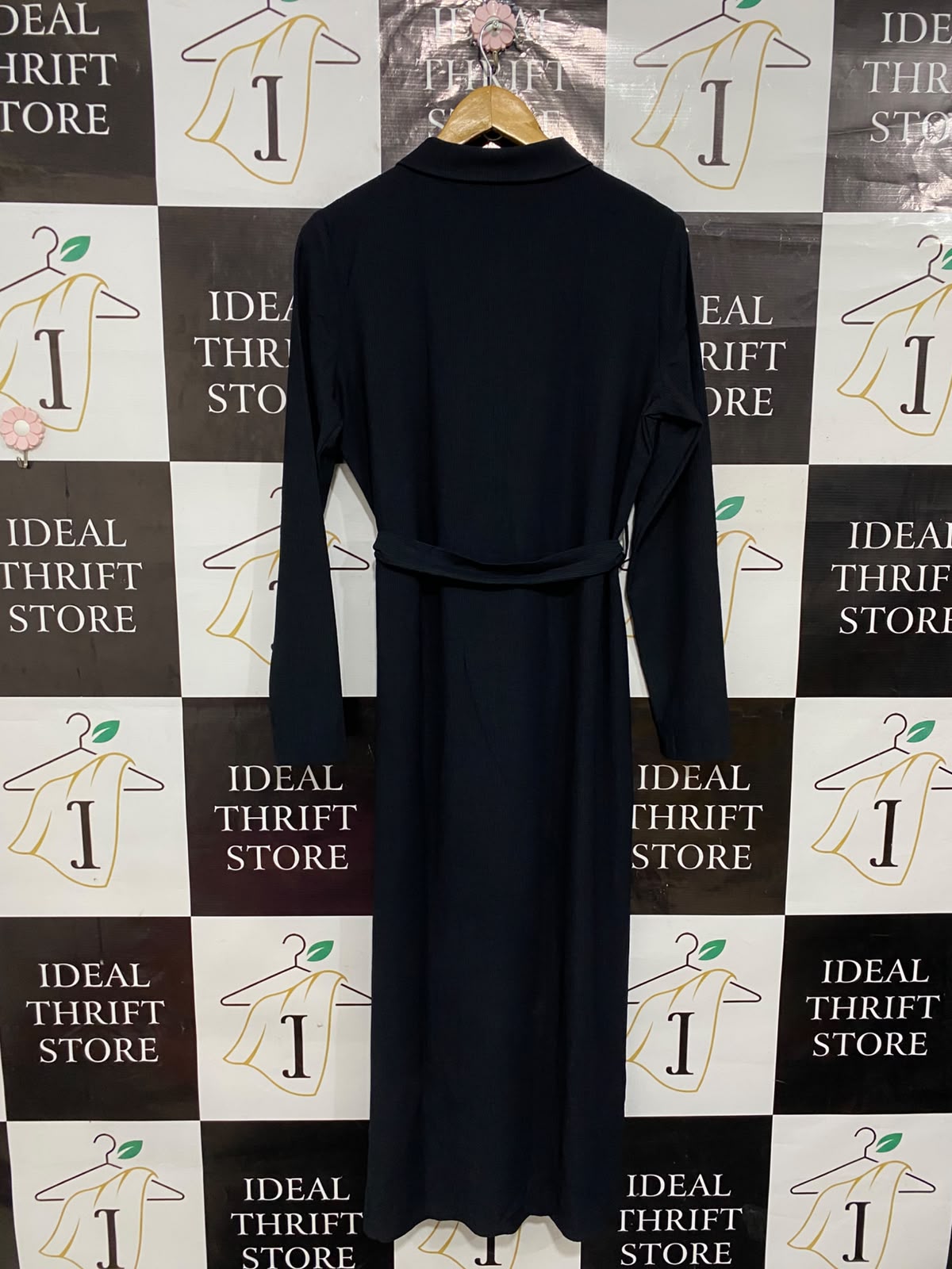NOTTING HILL |L| BUST 20| A26| CLASSIC BLACK COLLARED LONG-SLEEVE SHIRT MIDI DRESS WITH TIE WAIST
