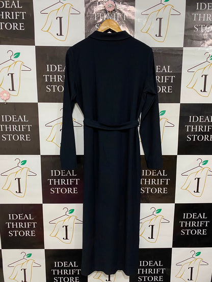 NOTTING HILL |L| BUST 20| A26| CLASSIC BLACK COLLARED LONG-SLEEVE SHIRT MIDI DRESS WITH TIE WAIST