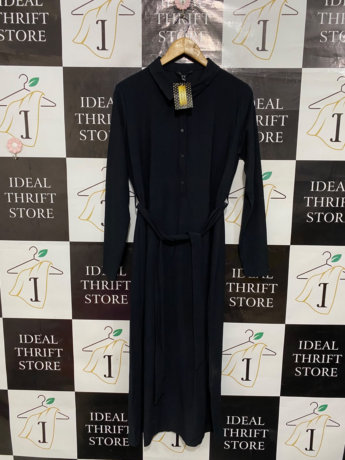 NOTTING HILL |L| BUST 20| A26| CLASSIC BLACK COLLARED LONG-SLEEVE SHIRT MIDI DRESS WITH TIE WAIST
