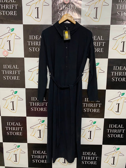 NOTTING HILL |L| BUST 20| A26| CLASSIC BLACK COLLARED LONG-SLEEVE SHIRT MIDI DRESS WITH TIE WAIST