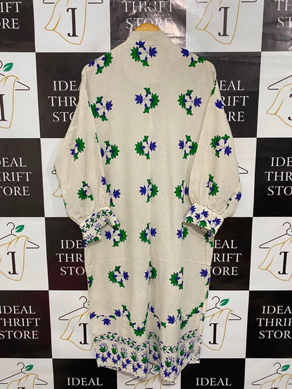 HAZE |L| BUST FREE| A26| BEIGE & BLUE/GREEN FLORAL VINE PRINT LONG-SLEEVE SHIRT MIDI DRESS