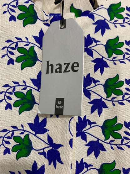 HAZE |L| BUST FREE| A26| BEIGE & BLUE/GREEN FLORAL VINE PRINT LONG-SLEEVE SHIRT MIDI DRESS