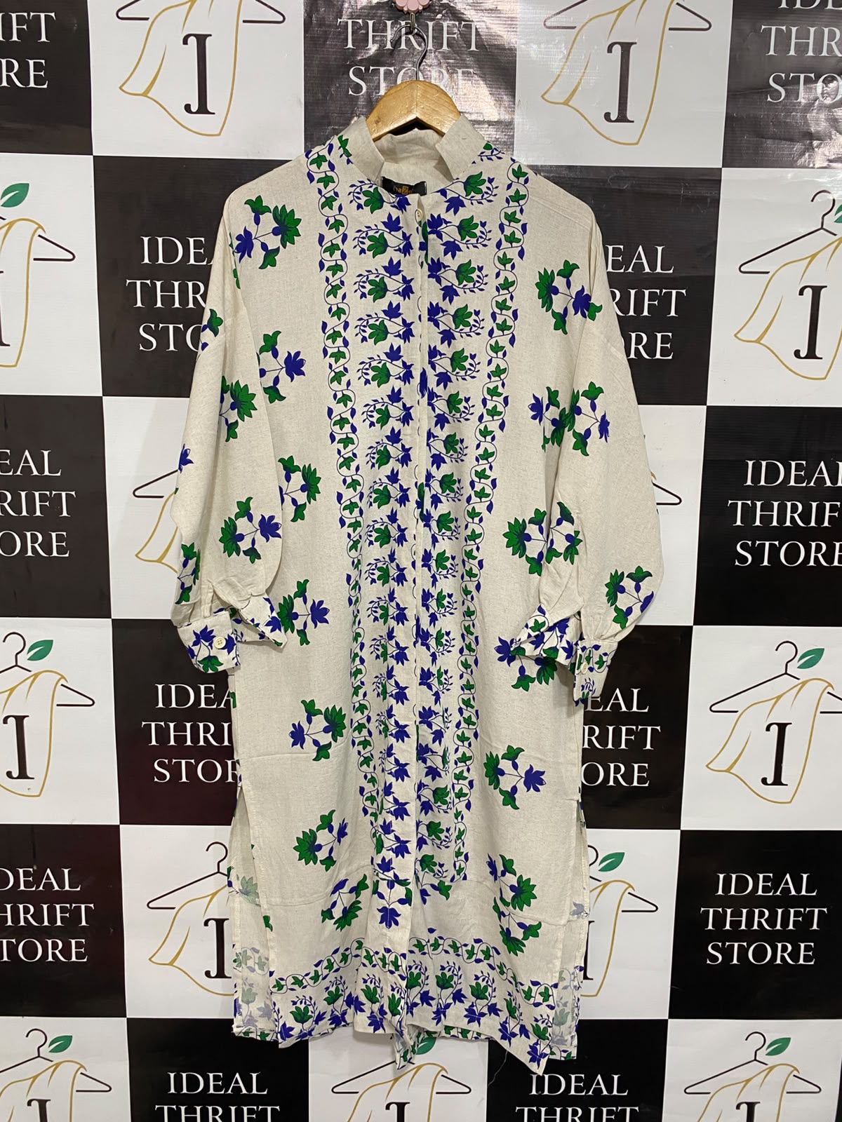 HAZE |L| BUST FREE| A26| BEIGE & BLUE/GREEN FLORAL VINE PRINT LONG-SLEEVE SHIRT MIDI DRESS