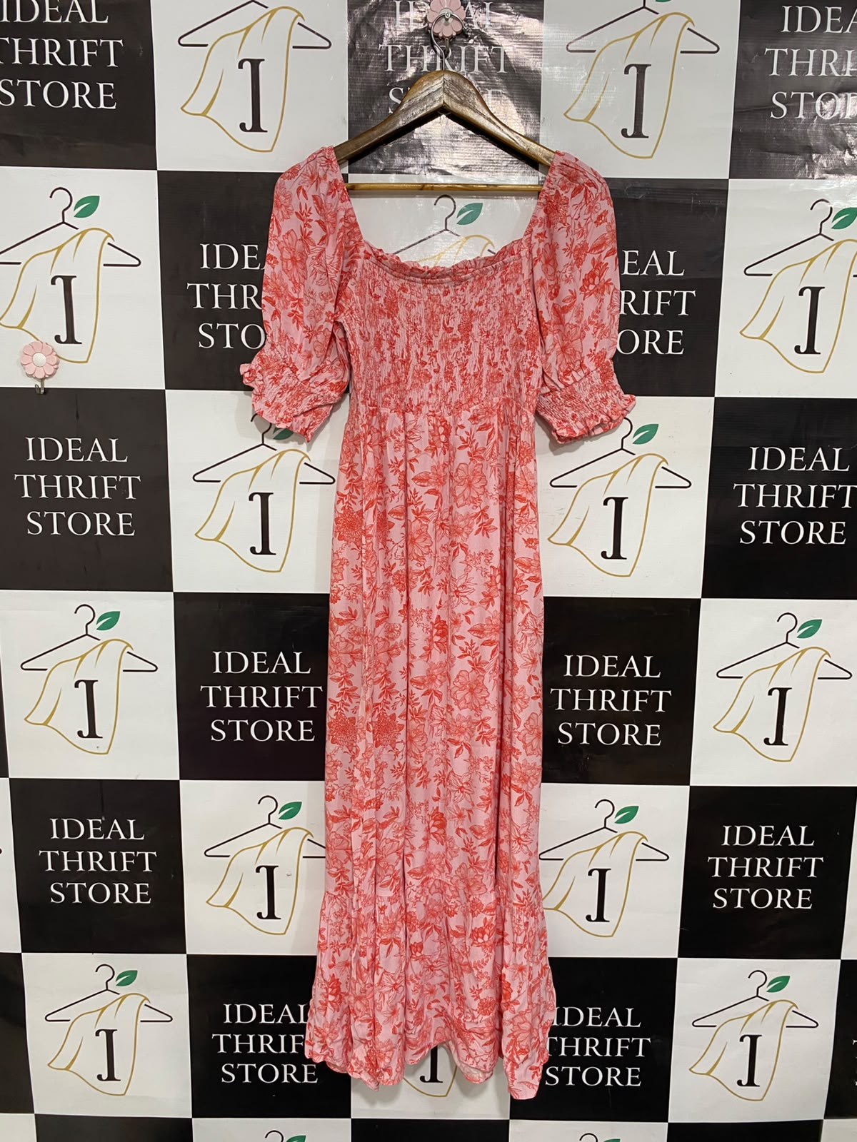 NEXT |M| BUST 12| A26| PINK & RED FLORAL PRINT SMOCKED SQUARE-NECK MIDI DRESS