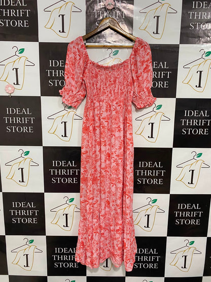 NEXT |M| BUST 12| A26| PINK & RED FLORAL PRINT SMOCKED SQUARE-NECK MIDI DRESS