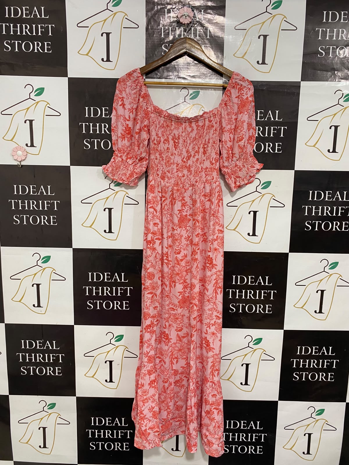 NEXT |M| BUST 12| A26| PINK & RED FLORAL PRINT SMOCKED SQUARE-NECK MIDI DRESS