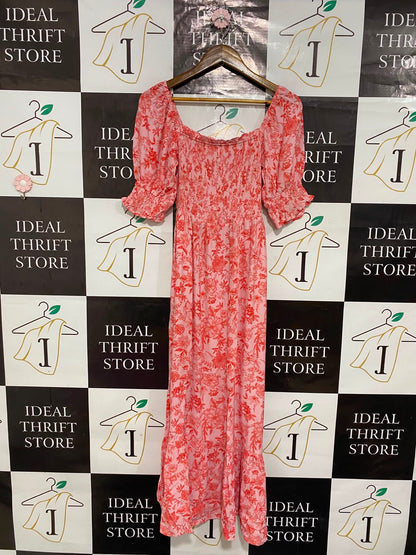 NEXT |M| BUST 12| A26| PINK & RED FLORAL PRINT SMOCKED SQUARE-NECK MIDI DRESS