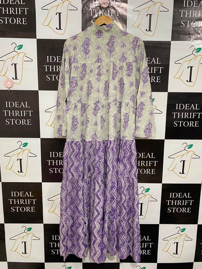 ROSE LINE |S| BUST 20| A6| SAGE GREEN & PURPLE GEOMETRIC BLOCK-PRINT TIERED LONG-SLEEVE MIDI DRESS