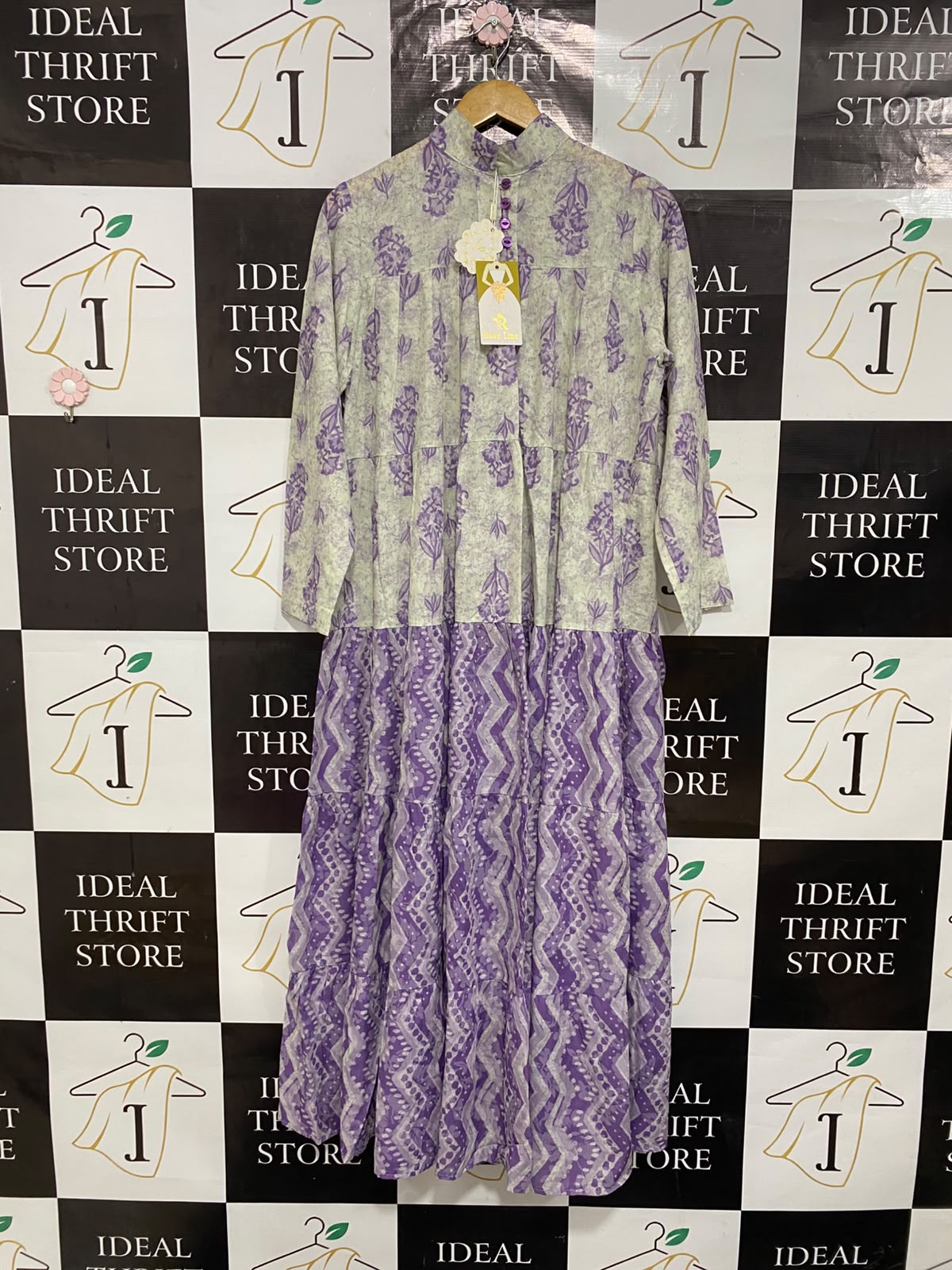ROSE LINE |S| BUST 20| A6| SAGE GREEN & PURPLE GEOMETRIC BLOCK-PRINT TIERED LONG-SLEEVE MIDI DRESS