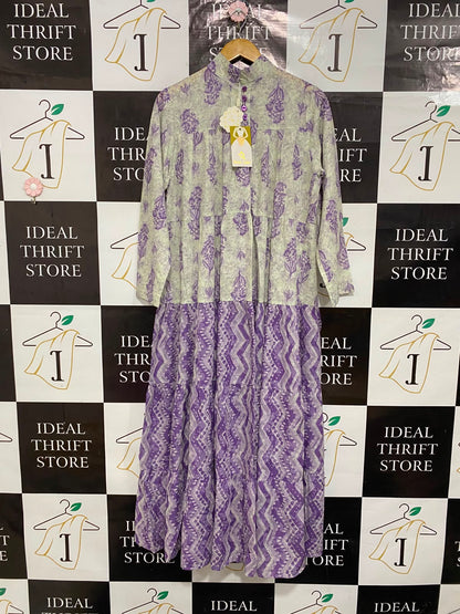 ROSE LINE |S| BUST 20| A6| SAGE GREEN & PURPLE GEOMETRIC BLOCK-PRINT TIERED LONG-SLEEVE MIDI DRESS
