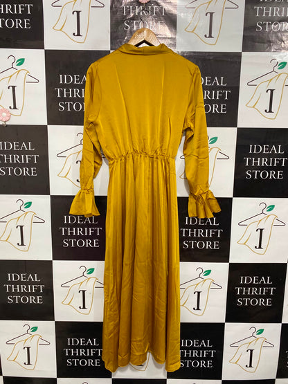 BOOHOO |M| BUST 18| A26| ELEGANT MUSTARD YELLOW WRAP-STYLE LONG-SLEEVE MIDI DRESS