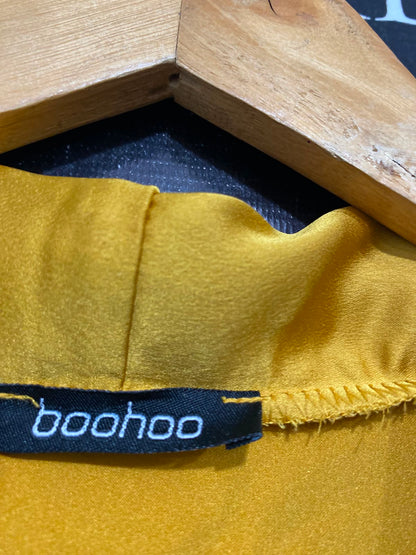 BOOHOO |M| BUST 18| A26| ELEGANT MUSTARD YELLOW WRAP-STYLE LONG-SLEEVE MIDI DRESS