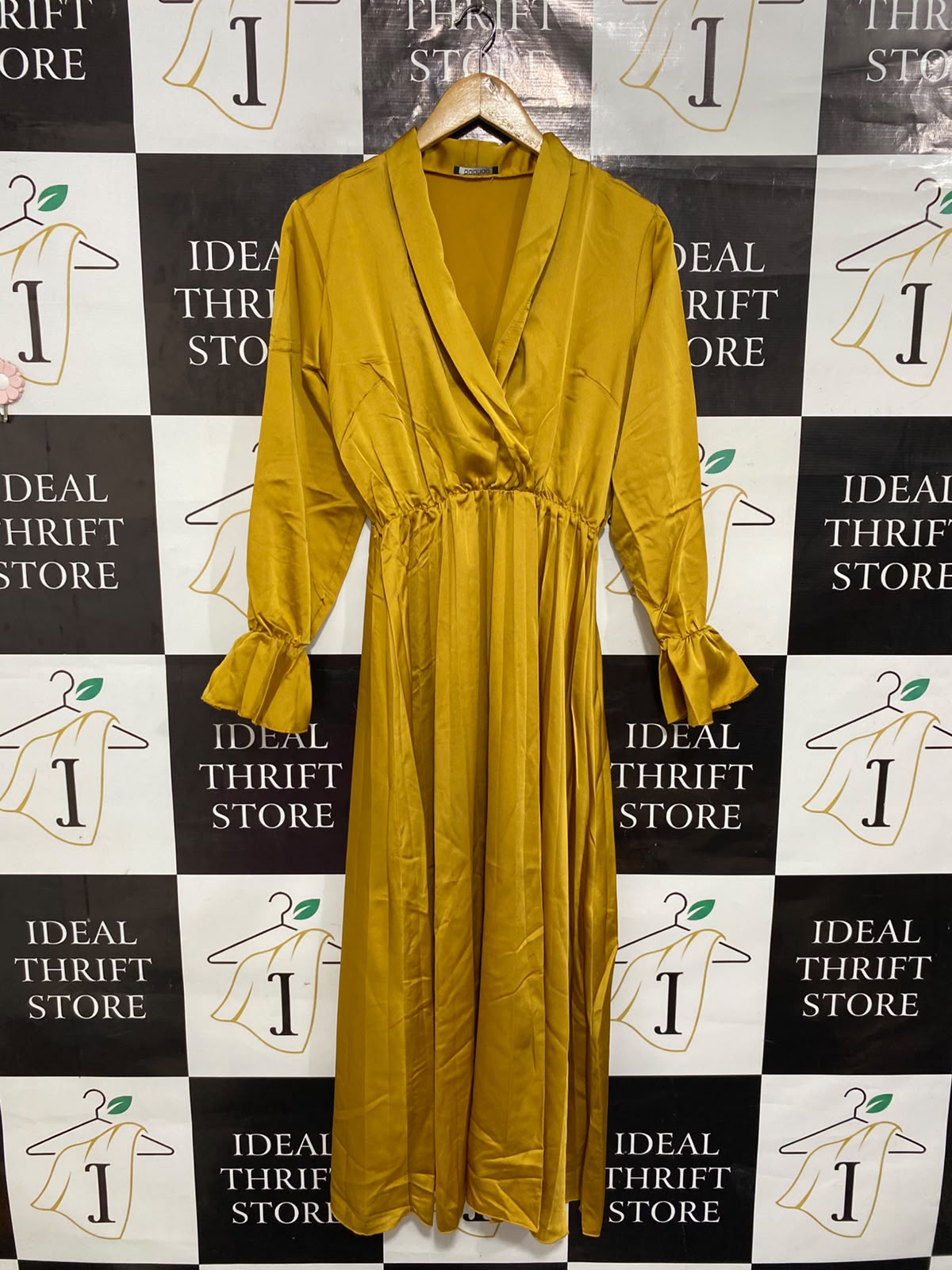 BOOHOO |M| BUST 18| A26| ELEGANT MUSTARD YELLOW WRAP-STYLE LONG-SLEEVE MIDI DRESS