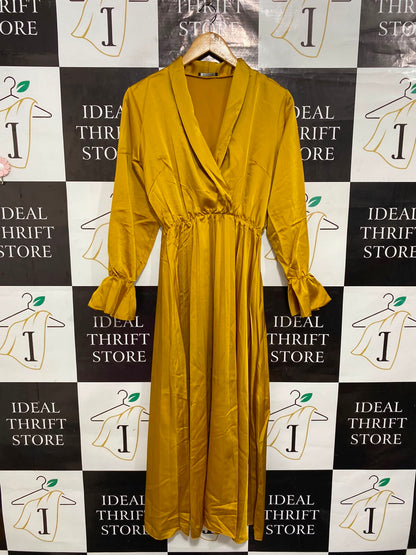 BOOHOO |M| BUST 18| A26| ELEGANT MUSTARD YELLOW WRAP-STYLE LONG-SLEEVE MIDI DRESS
