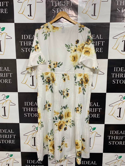 SHEIN CURVE |XL| BUST 23| A26| WHITE & YELLOW FLORAL PRINT V-NECK SHORT-SLEEVE MIDI DRESS
