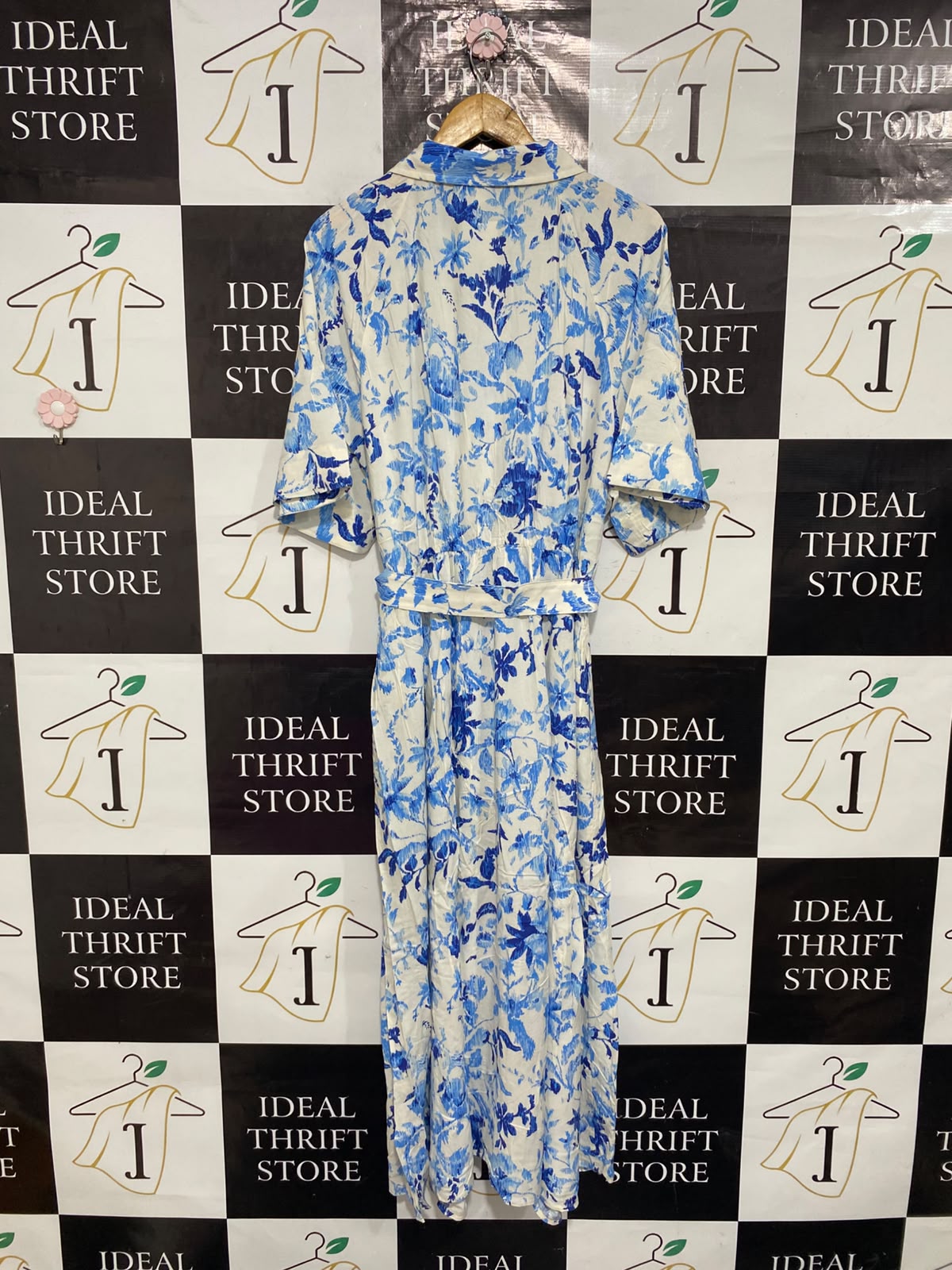H&M |XL| BUST FREE| A26| BLUE & WHITE FLORAL PRINT COLLARED SHIRT MIDI DRESS WITH TIE WAIST