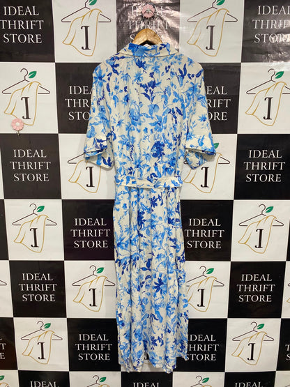H&M |XL| BUST FREE| A26| BLUE & WHITE FLORAL PRINT COLLARED SHIRT MIDI DRESS WITH TIE WAIST