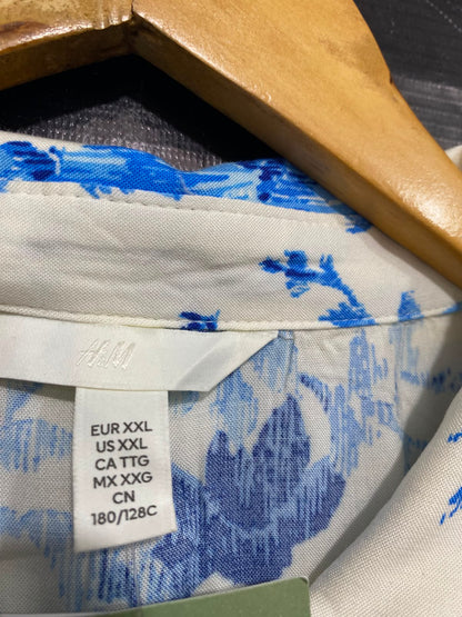 H&M |XL| BUST FREE| A26| BLUE & WHITE FLORAL PRINT COLLARED SHIRT MIDI DRESS WITH TIE WAIST