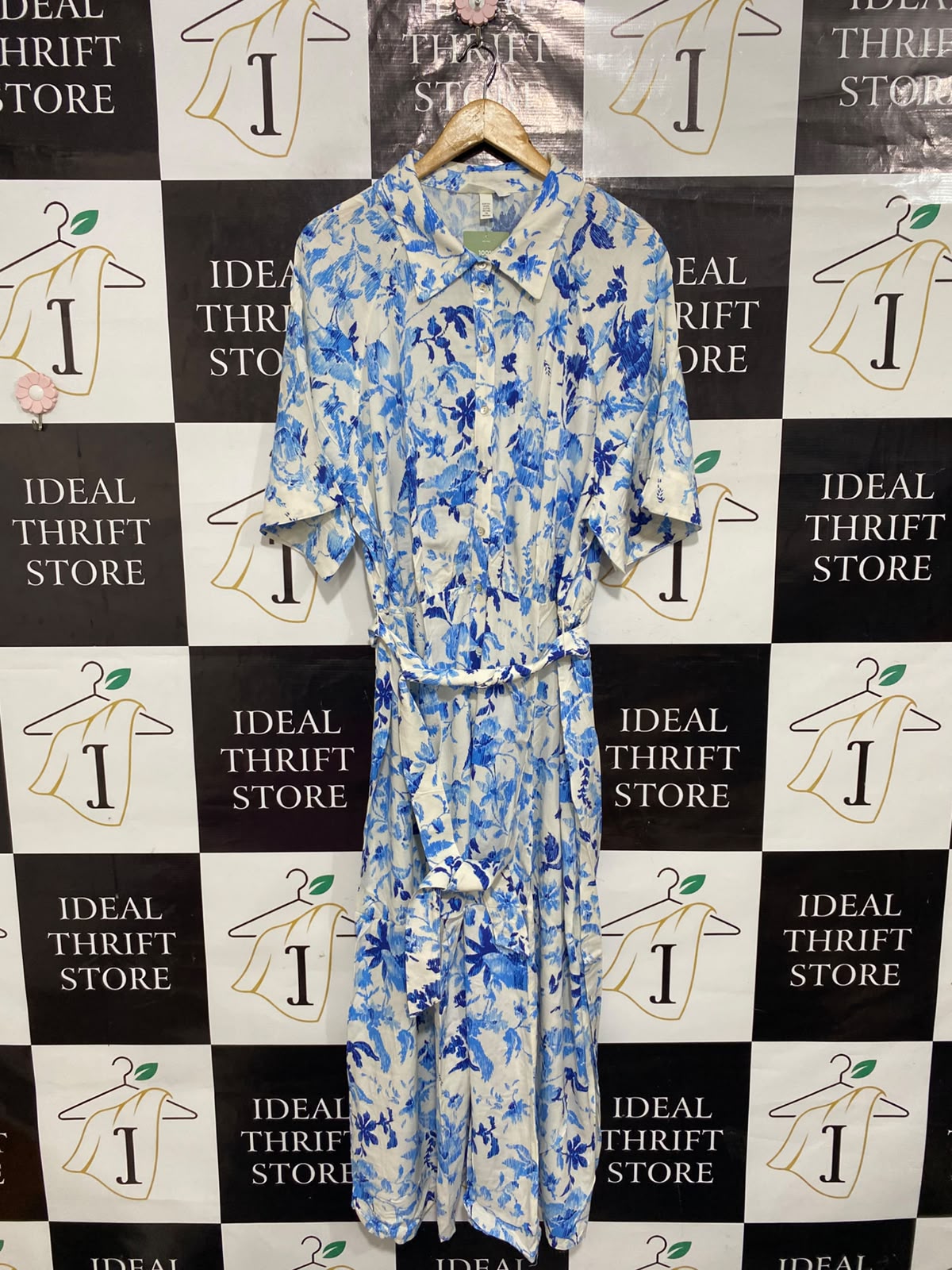 H&M |XL| BUST FREE| A26| BLUE & WHITE FLORAL PRINT COLLARED SHIRT MIDI DRESS WITH TIE WAIST