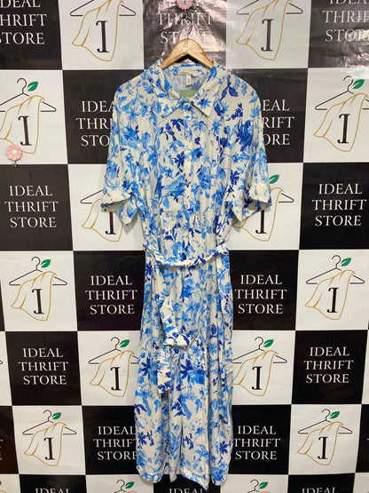 H&M |XL| BUST FREE| A26| BLUE & WHITE FLORAL PRINT COLLARED SHIRT MIDI DRESS WITH TIE WAIST