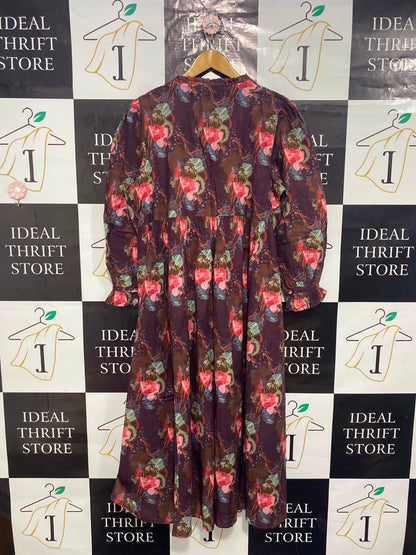 KAYSERIA |XL| BUST 22| A26| DEEP PLUM & MULTICOLOR BOTANICAL PRINT LONG-SLEEVE MIDI DRESS