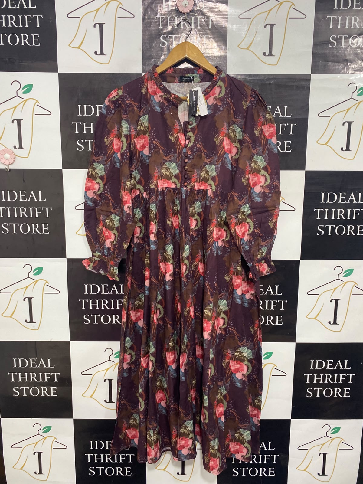 KAYSERIA |XL| BUST 22| A26| DEEP PLUM & MULTICOLOR BOTANICAL PRINT LONG-SLEEVE MIDI DRESS