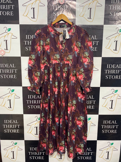 KAYSERIA |XL| BUST 22| A26| DEEP PLUM & MULTICOLOR BOTANICAL PRINT LONG-SLEEVE MIDI DRESS