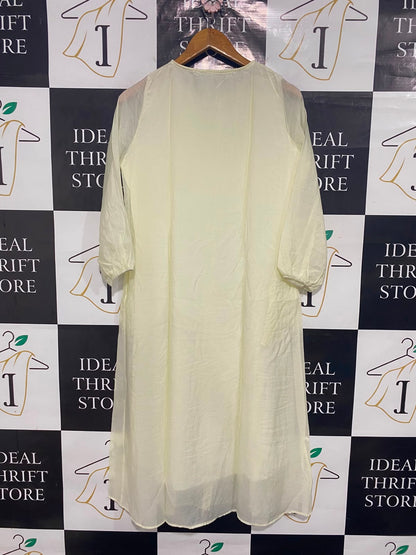 |L| BUST 19| A26| LIGHT YELLOW PLEATED-BODICE BUTTON-DOWN LONG-SLEEVE MIDI DRESS