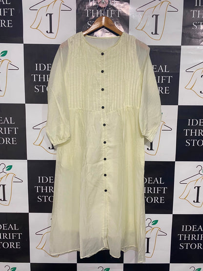 |L| BUST 19| A26| LIGHT YELLOW PLEATED-BODICE BUTTON-DOWN LONG-SLEEVE MIDI DRESS