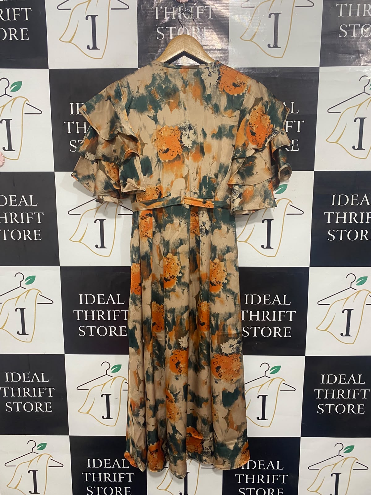 NICE COLLECTION |XL| BUST 15| A26| ORANGE, TEAL & BEIGE ABSTRACT PRINT WRAP-STYLE MIDI DRESS WITH RUFFLED SLEEVES