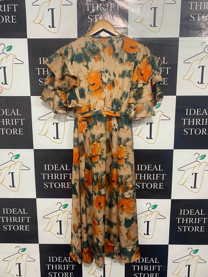 NICE COLLECTION |XL| BUST 15| A26| ORANGE, TEAL & BEIGE ABSTRACT PRINT WRAP-STYLE MIDI DRESS WITH RUFFLED SLEEVES