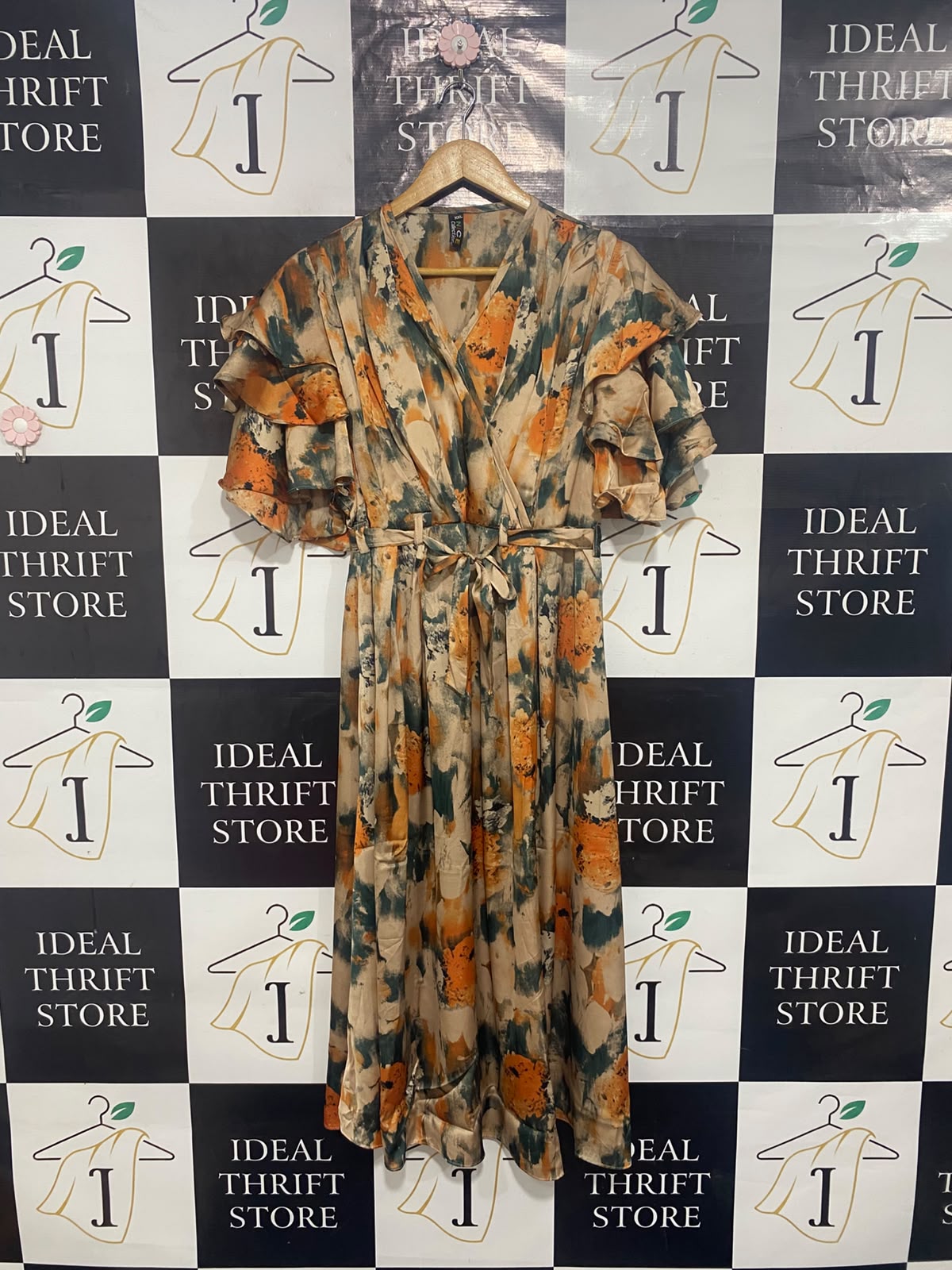 NICE COLLECTION |XL| BUST 15| A26| ORANGE, TEAL & BEIGE ABSTRACT PRINT WRAP-STYLE MIDI DRESS WITH RUFFLED SLEEVES
