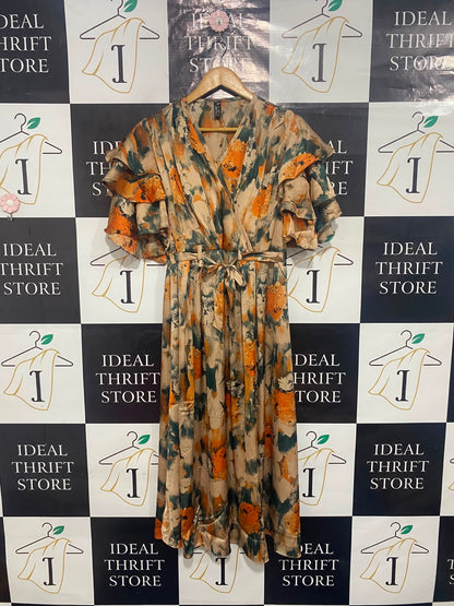NICE COLLECTION |XL| BUST 15| A26| ORANGE, TEAL & BEIGE ABSTRACT PRINT WRAP-STYLE MIDI DRESS WITH RUFFLED SLEEVES