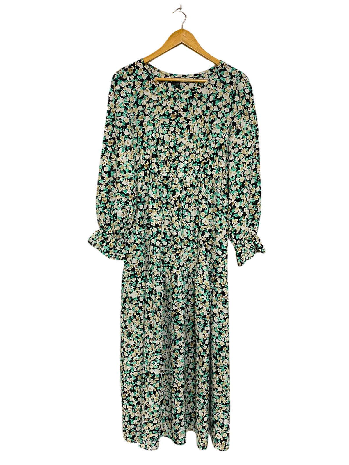 SHEIN |L| BUST 18| A27| BLACK & MINT GREEN FLORAL LONG-SLEEVE TIERED MIDI DRESS