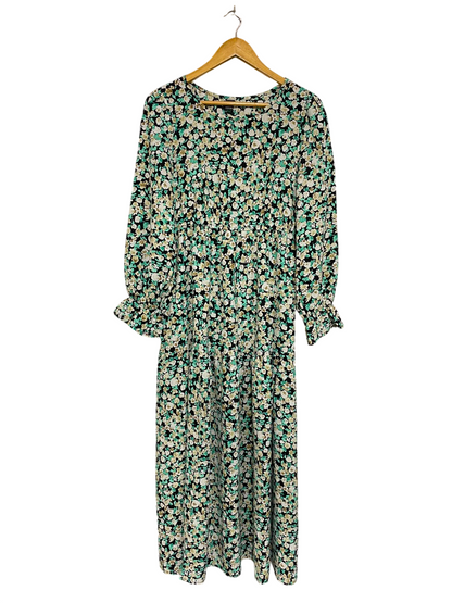 SHEIN |L| BUST 18| A27| BLACK & MINT GREEN FLORAL LONG-SLEEVE TIERED MIDI DRESS