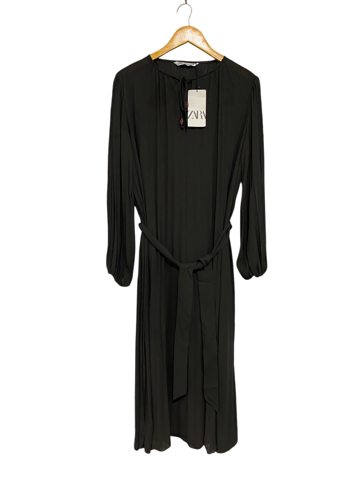 ZARA |S| BUST 20| A27| ELEGANT BLACK TIE-WAIST LONG-SLEEVE MIDI DRESS