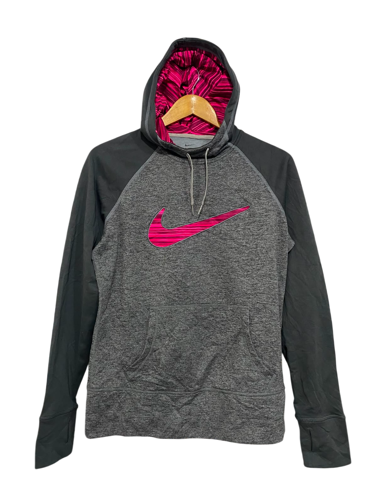 NIKE |M| BUST 20| A27| GREY & PINK VIBRANT SWOOSH ATHLETIC HOODED SWEATSHIRT