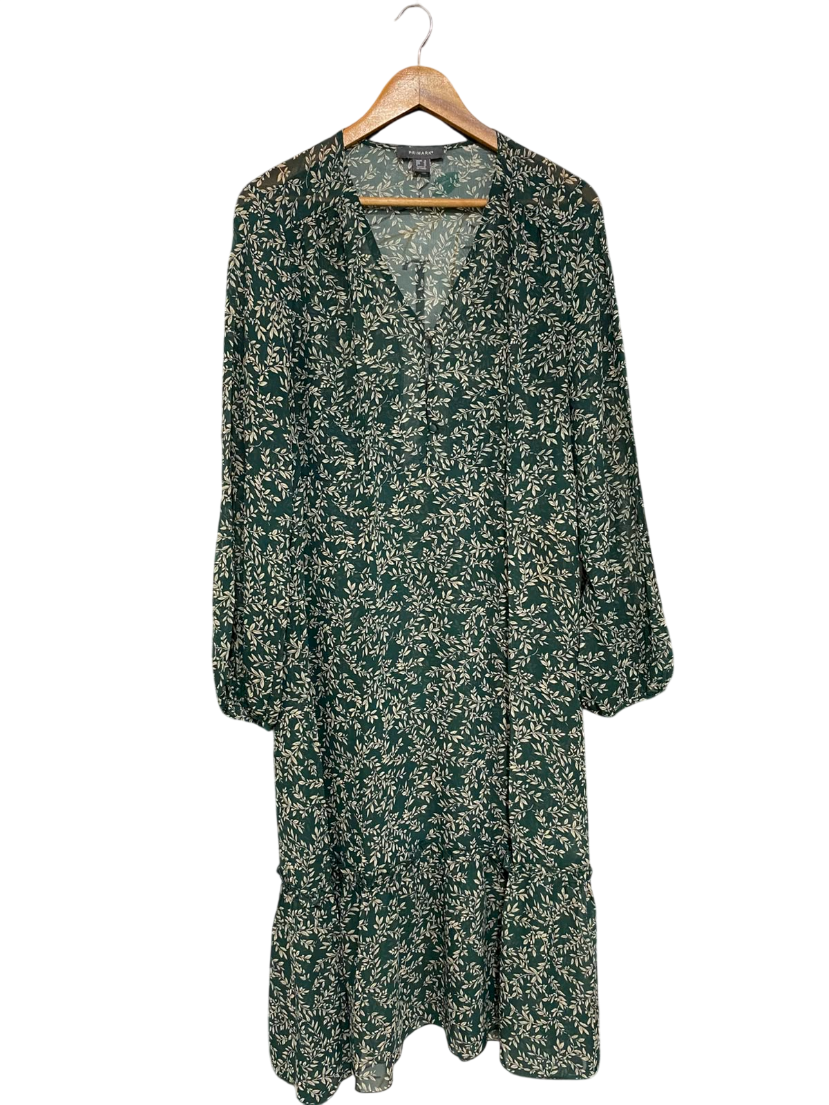 PRIMARK |L| BUST 21| A27| FOREST GREEN & CREAM LEAF PRINT V-NECK LONG-SLEEVE MIDI DRESS