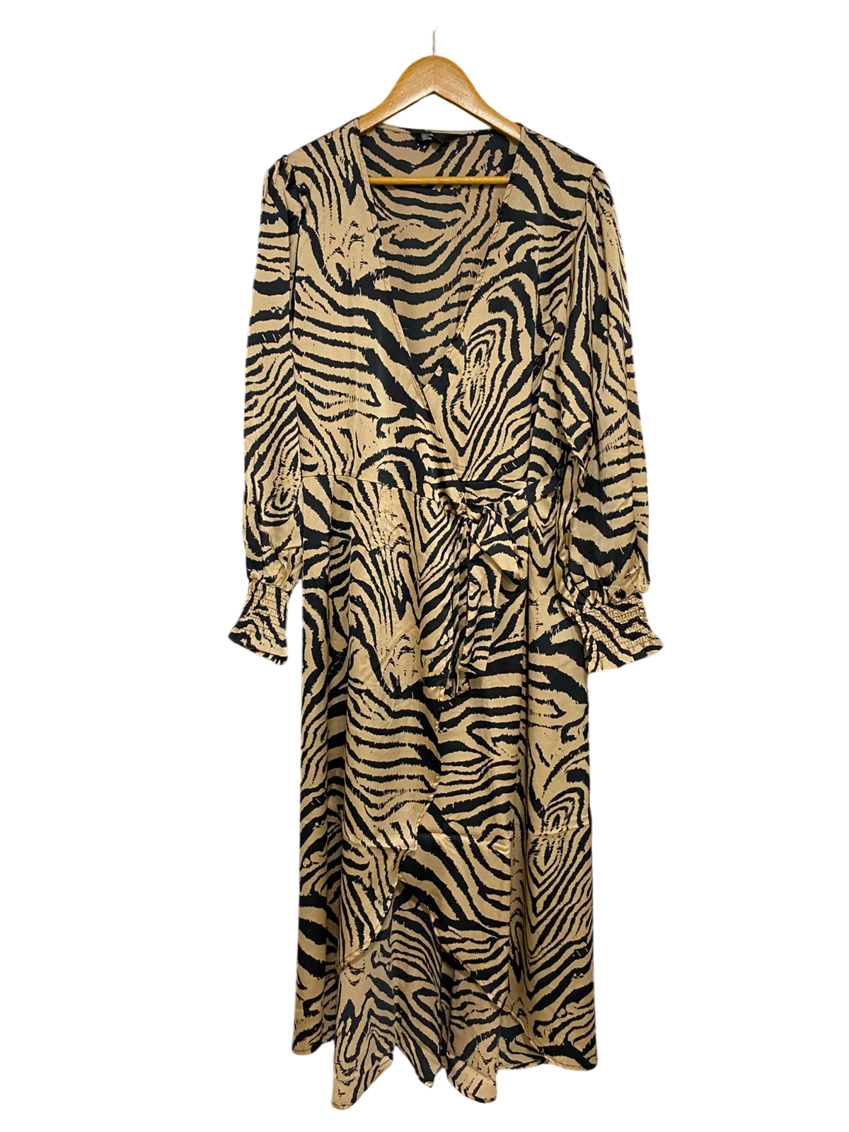 FRIENDS LIKE THESE |L| BUST 21| A27| BLACK & BEIGE ZEBRA PRINT WRAP-STYLE LONG-SLEEVE MIDI DRESS